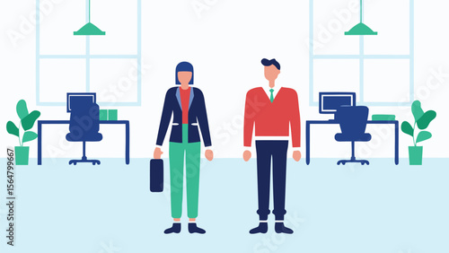 Two business professionals standing in an office space with desks and computers visible in background