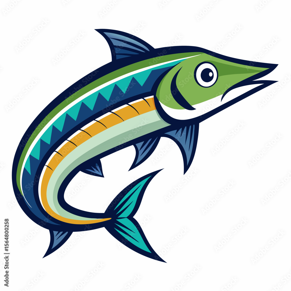 Obraz premium Vibrant Cartoon Barracuda Fish Illustration Leaping Aquatic Design Graphic