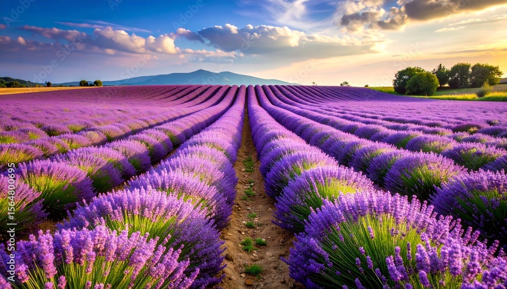 Naklejka premium Lavender field in Provence France with rows of purple flowers and blue sky