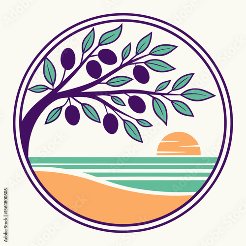 Mediterranean Olive Tree Sunset Beach Coastal Scene  Circular Design Graphic