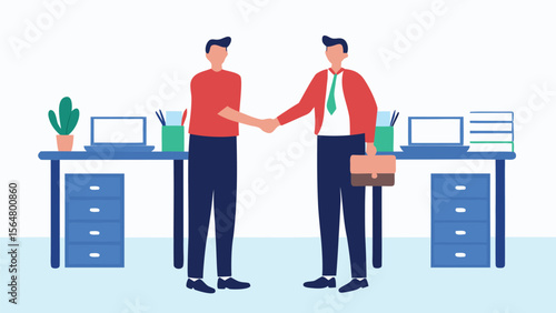 Two business people shake hands in an office setting with desks and office supplies visible in the background