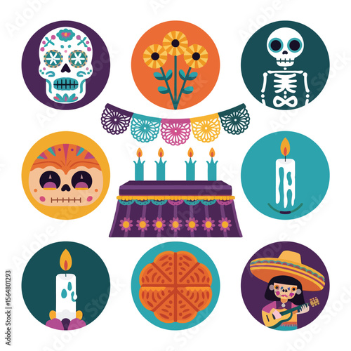 2d vector Mexico festival Day of the Dead Culture and traditions decorations a skull, candle.

