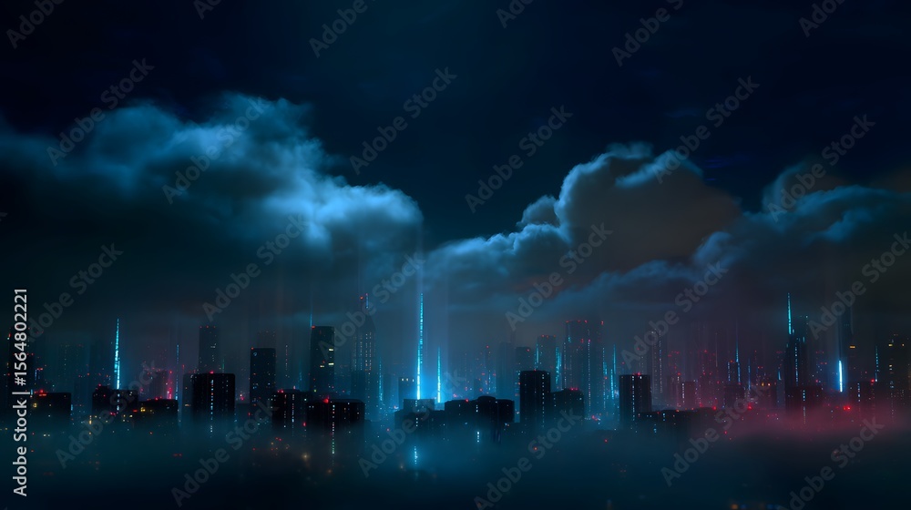 Obraz premium Midnight clouds drifting above neon lit skyline futuristic cyberpunk style city glowing lights piercing night sky cinematic urban sci fi scene atmosphere custom dark neon cyberpunk city background