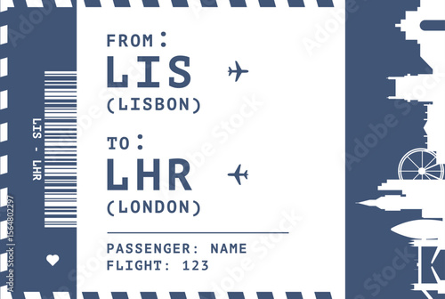 Portugal, Lisbon - England, London flight, luggage tag, boarding pass card. Vector illustration layout for infographic, postcard, sticker, print, promo with landmark shapes