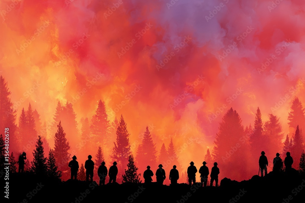 Fototapeta premium Silhouettes of firefighters stand against a massive forest wildfire with vibrant flames and thick smoke rising into the sky, capturing the intensity and danger of climate-driven disasters.