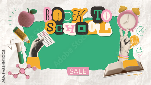 Back to school SALE banner template. Collages with notebook sheet frame, halftone hands, book, 3d stationery elements, torn paper from copy book, pencil strokes graphics. Vector Education concept.