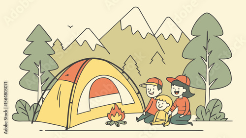 Family camping outdoors