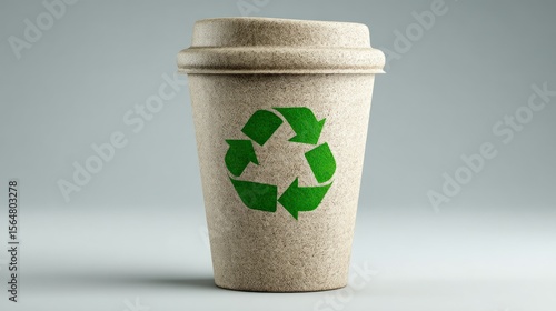 3D render of plant fiber cup, recyclable symbol visible, isolated on clean white background