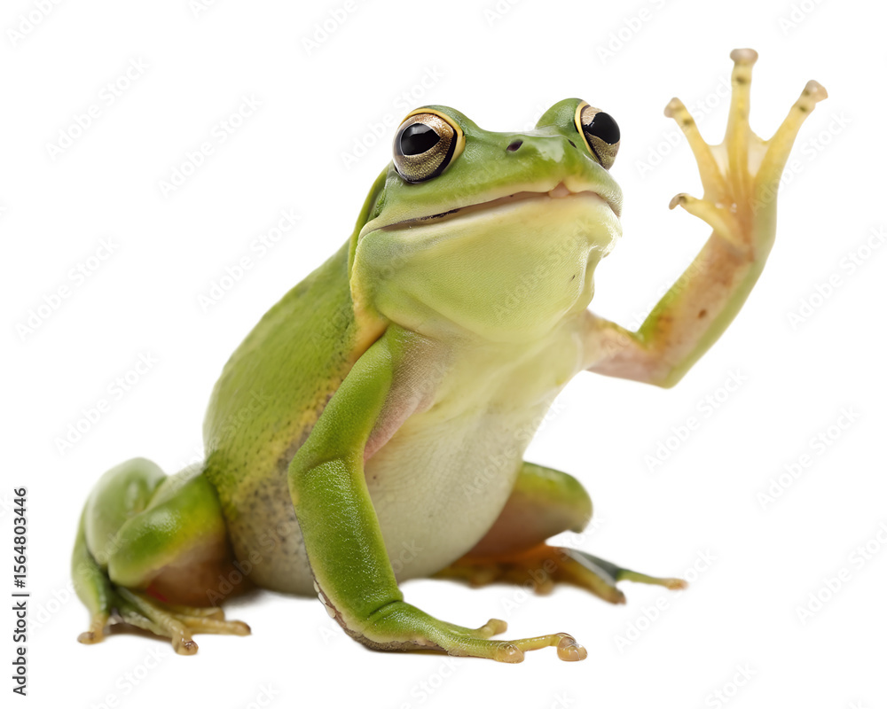 Fototapeta premium A happy little green frog, front legs raised as if waving, on a transparent background.
