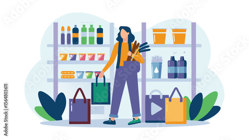 Woman shopping with grocery bags in a store with shelves full of various products and household items
