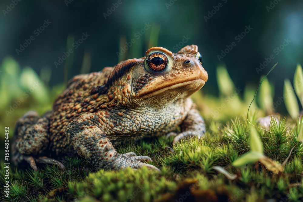 Fototapeta premium Toad Resting on Wet Moss in Natural Daylight