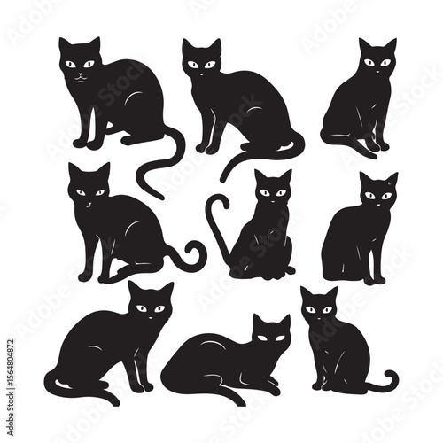 Black Cat Silhouette Set Clipart on White Background