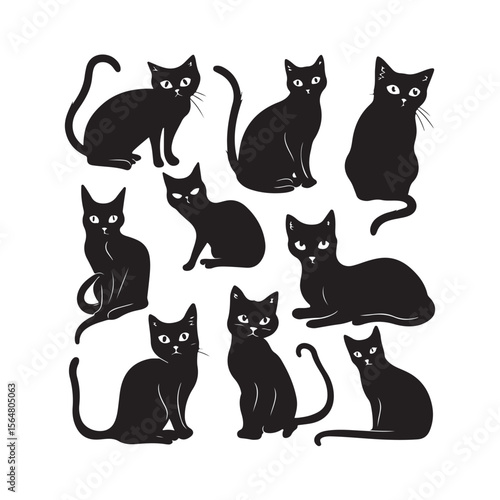 Black Cat Silhouette Set Clipart on White Background