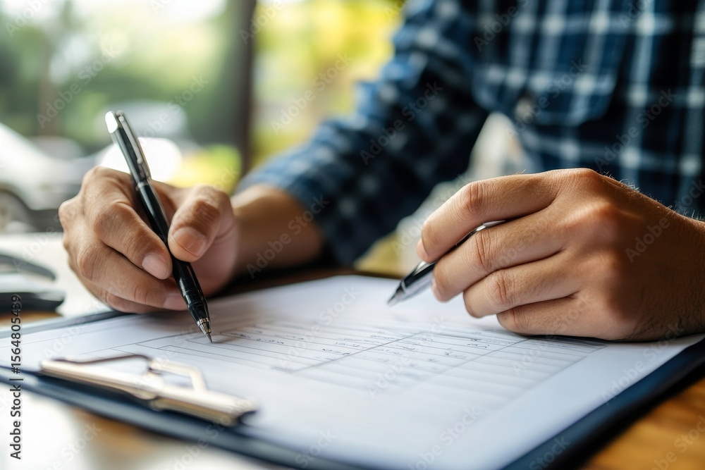 Auto check-up and car service shop concept: Mechanic writing a job checklist to estimate repair costs for the client, Generative AI Auto check-up and car service shop concept: Mechanic writing a job checklist to estimate repair costs for the client, Generative AI