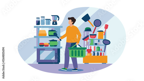 A man shopping for cookware in a store with shelves of pots pans and kitchen utensils displayed nicely
