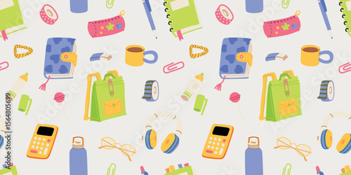 Back to school trendy hand drawn vector seamless pattern for education learning school and courses. International education day teachers day concept art for wallpaper wrapping paper fabrics design