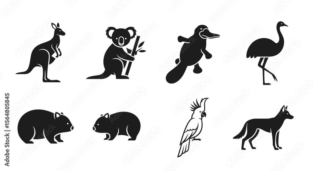 Obraz premium Vector australian animals vector silhouette collection kangaroo koala platypus emu wombat cockatoo dingo icons set