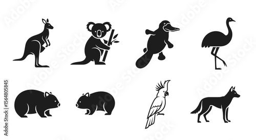 Vector australian animals vector silhouette collection kangaroo koala platypus emu wombat cockatoo dingo icons set