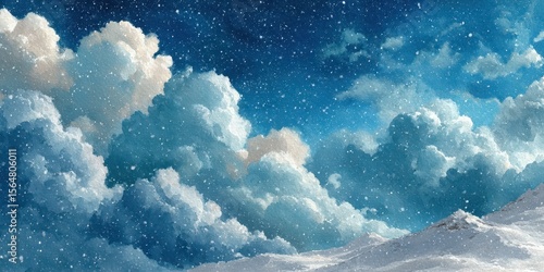 Snowy clouds drift above a serene winter landscape under a bright blue sky during a peaceful day