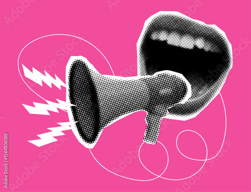 Mouth screams into a  pop art collage speaker in halftone style,trendy collage element cut out paper