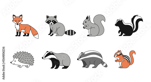 Vector illustration of woodland animals fox raccoon squirrel skunk hedgehog badger chipmunk wildlife vector art