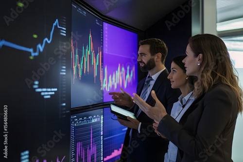 Group of investors discussing stock performance in front of a large screen display.