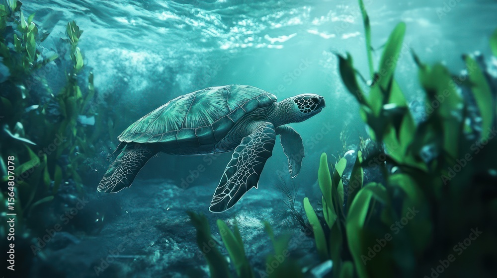 Fototapeta premium A tranquil sea turtle gracefully navigating the crystal-clear ocean waters