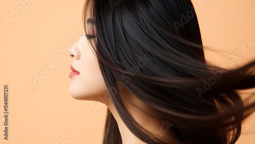 Profile of a young woman with long dark hair blowing in the wind