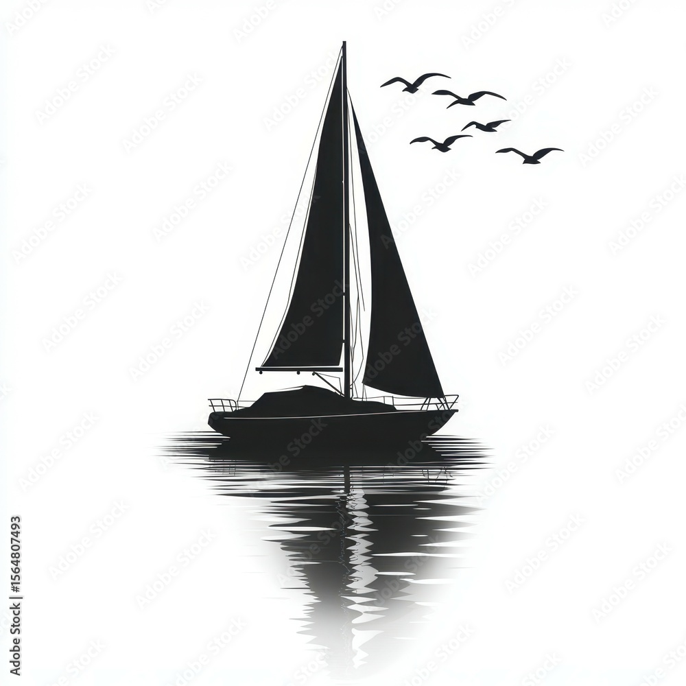 Fototapeta premium Sailboat gliding across calm waters at sunset with birds in the sky