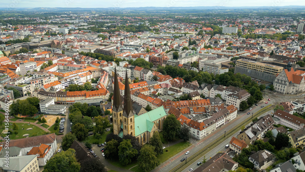 Obraz premium Aerial view of the old town of the city Bielefeld in Germany on a sunny spring morning 