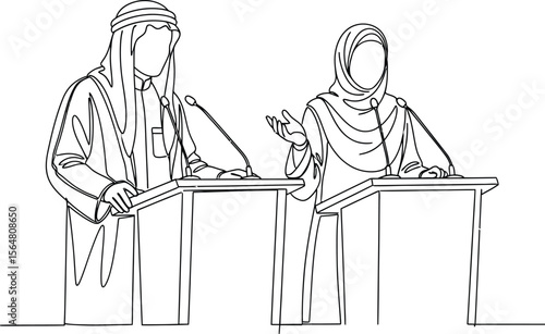 Continuous line drawing of arab man and woman at podium speaking event