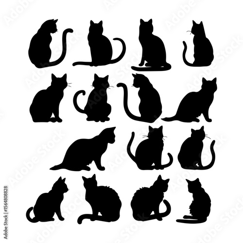 Cat Black Silhouettes Set Clipart on White Background
