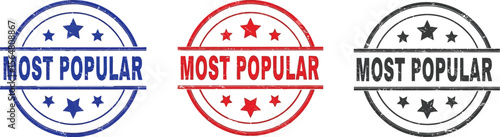 Three most popular stamp graphics in blue red and black on white background