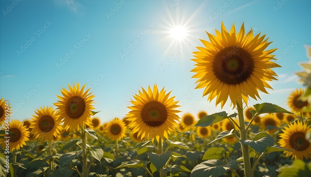 Obraz premium Field of sunflowers facing the sun with blue sky in the background