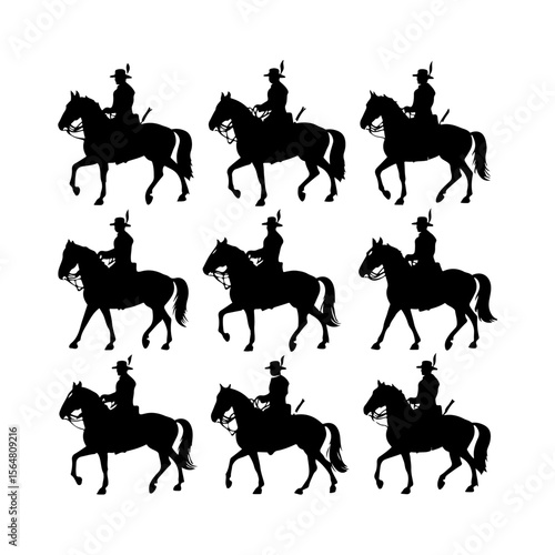 Cavalry Soldier on Horseback Silhouettes Set Clipart on White Background