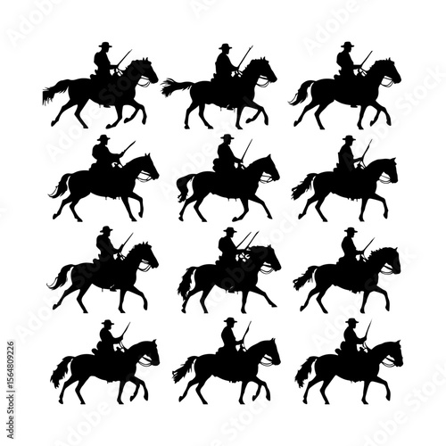 Cavalry Soldier on Horseback Silhouettes Set Clipart on White Background
