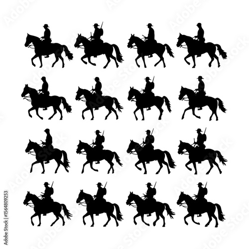 Cavalry Soldier on Horseback Silhouettes Set Clipart on White Background