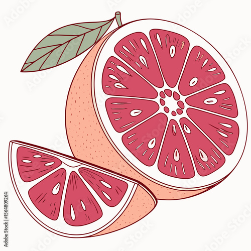 Fresh red grapefruit and juicy orange fruit slices, isolated vector illustration