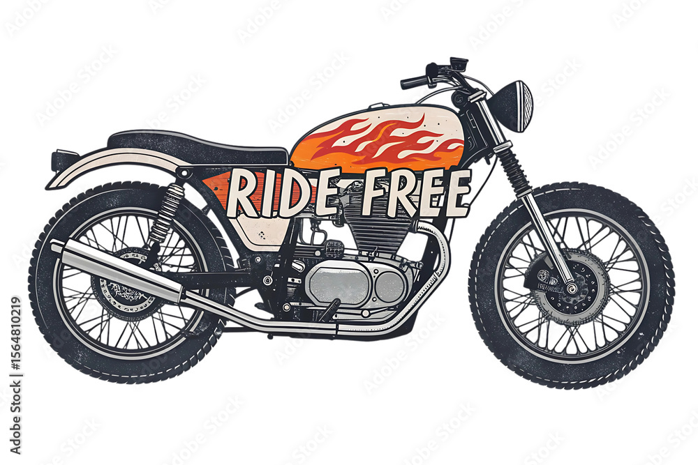 Obraz premium Ride Free Vintage Motorcycle Illustration, Custom Cafe Racer Design, Classic Bike Art Print