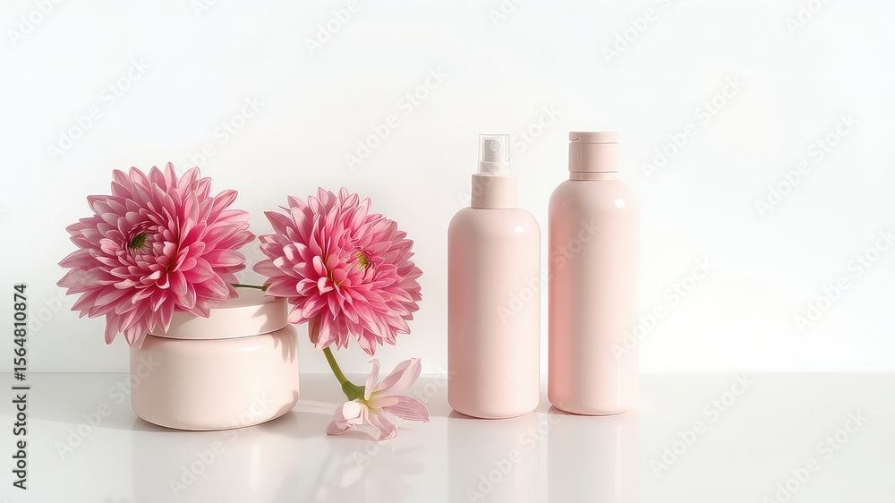 Minimalist skincare presentation featuring pink cosmetic bottles and dahlia flowers against a clean white background Minimalist skincare presentation featuring pink cosmetic bottles and dahlia flowers against a clean white background