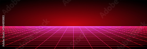 Glowing neon wireframe background. Red shining checkered grid planes in perspective. Bright retro futuristic horizon wallpaper. Arcade game sci fi matrix surface. Vector backdrop for poster, banner