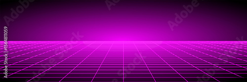 Glowing neon wireframe background. Pink shining checkered grid planes in perspective. Bright retro futuristic horizon wallpaper. Arcade game sci fi matrix surface. Vector backdrop for poster, banner