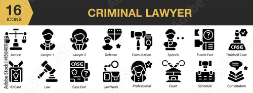 Criminal Lawyer solid icon set. Includes courtroom, attorney, gavel, crime, and More. Solid icons vector collection.