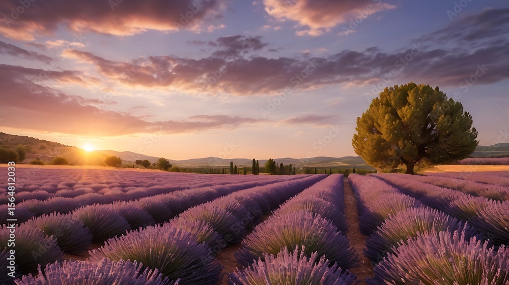 Fototapeta premium Lavender field at sunset with a tree and rows of flowers under a cloudy sky with a golden sun glow 100