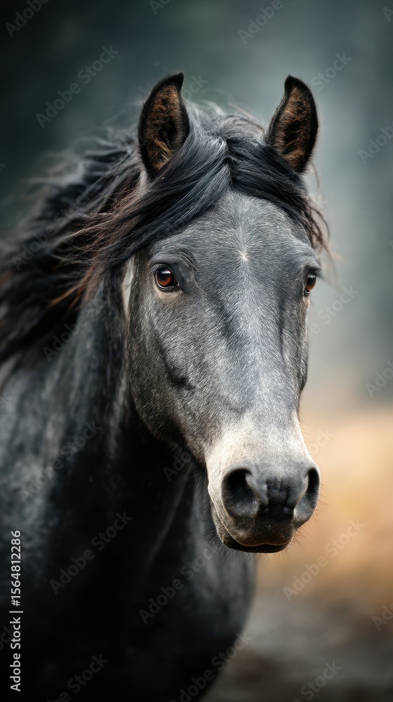 Fototapeta premium Black horse with flowing mane stands alert in a serene setting during the golden hour of late afternoon