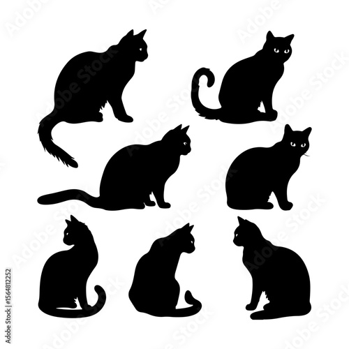 Exotic Shorthair Cat Black Silhouettes Set Clipart Black and White Background