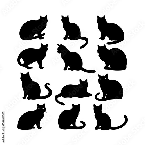 Exotic Shorthair Cat Black Silhouettes Set Clipart Black and White Background
