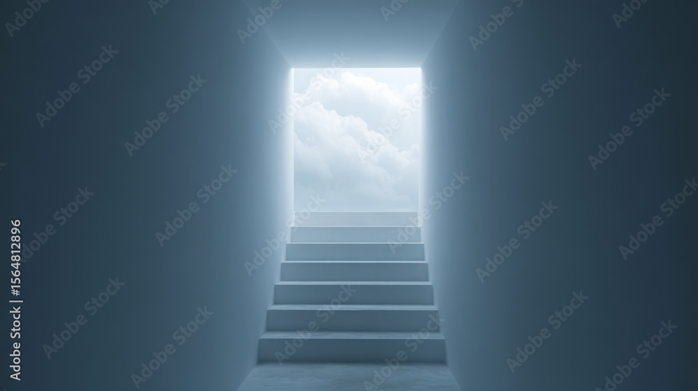 Obraz premium Glowing staircase rises into the sky from a serene bedroom in a dreamlike blue atmosphere