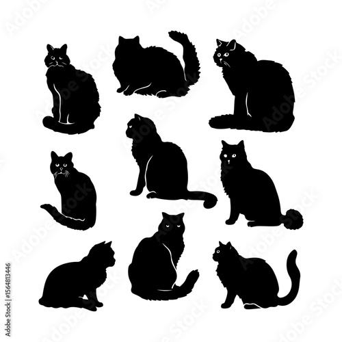 Exotic Shorthair Cat Black Silhouettes Set Clipart Black and White Background