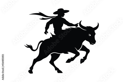 Bull riding black silhouette icon on white background